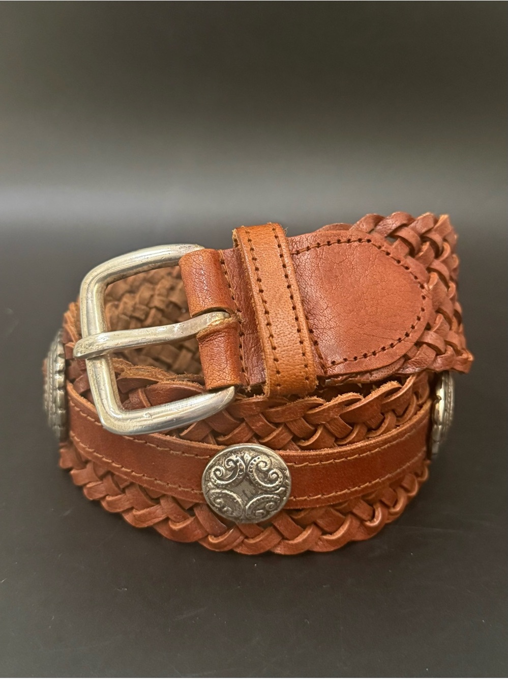 Brown Genuine Braided Leather Medallion Concho Western Boho Belt S/M